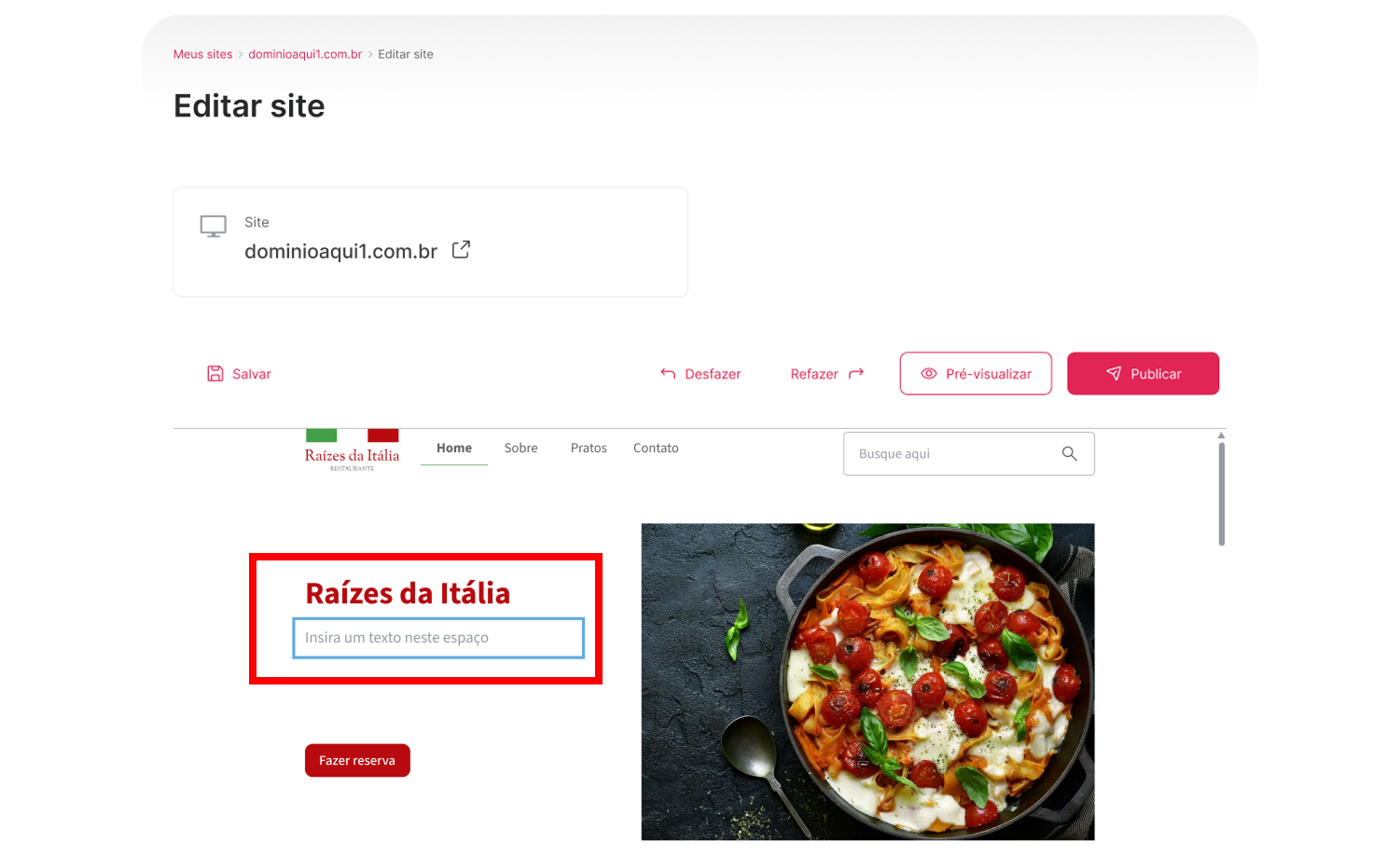 [Alt text: Imagem da área de edição de um site. Um bloco de texto da página está em destaque.